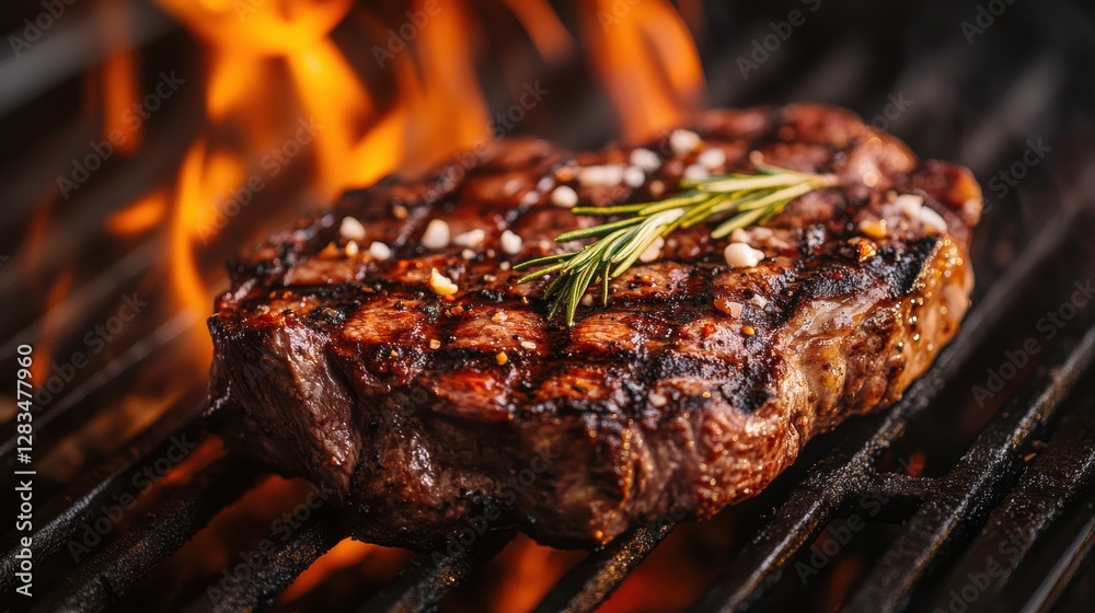 Poster grilled steak sizzling over an open flame with aromatic herbs in a backyard barbecue setting. genera