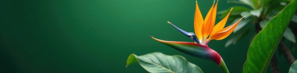 Obraz premium Exotic Bird of Paradise flower on a large tropical frond, green, frond, exotic