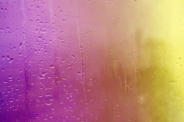 Blue water droplets on a glass surface with condensation and raindrops creating a clean, textured, and abstract pattern