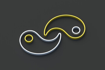 Fototapeta premium Divided yin yang sign on black background. Balance and harmony symbol. 3d render