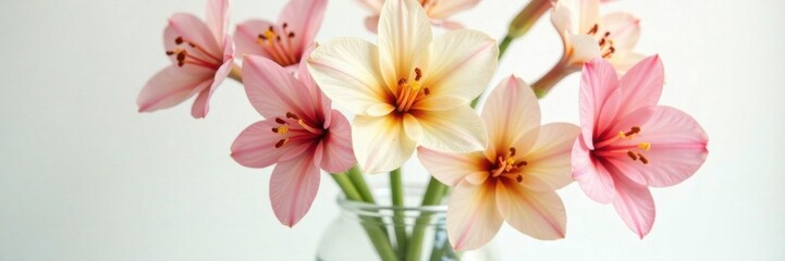Fototapeta premium Exotic flowers arranged in a vase on white background with soft focus, decorative, flowers, colorful