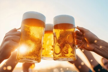 Several hands lift beer mugs skyward in jubilant celebration. The backdrop of a clear sky emphasizes camaraderie and festive joy, making this scene perfect for any celebration.