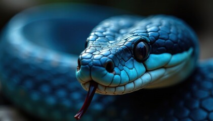Serpentine snake's face, close-up, beady eyes, forked tongue, vibrant blue coloration, closeup, nature