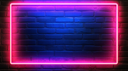 Neon frame on a brick wall background with copy space. Blue and pink glowing lights in a retro style