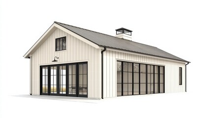 Modern Farmhouse: Architectural rendering of a modern farmhouse, highlighting the clean lines, large windows, and the classic aesthetic. 