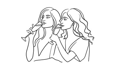 Friendly party girls drink, continuous line art drawing isolated on white background. Hands toasting with wine glasses with drinks. Cheers toast festive decoration for holidays. Vector illustration