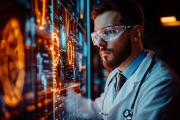 Scientist engaging with advanced technology in a futuristic laboratory at night