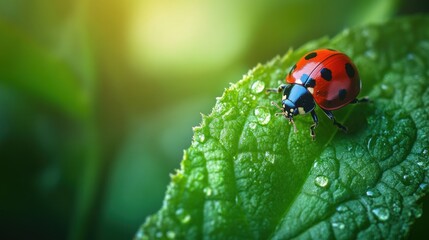 Obraz premium Close-up of a ladybug on a leaf with droplets