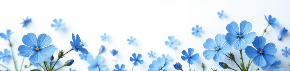 Naklejka premium Softly scattered blue forget me nots against a white backdrop, floral, flowers