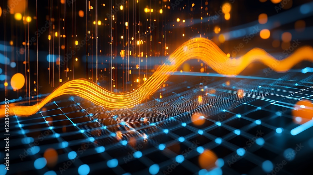 Poster abstract digital data wave visualization with glowing lines and particles on dark background