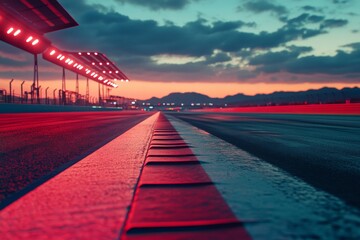 Fototapeta premium Sunrise casts vibrant colors over empty racetrack with dynamic lighting in the distance