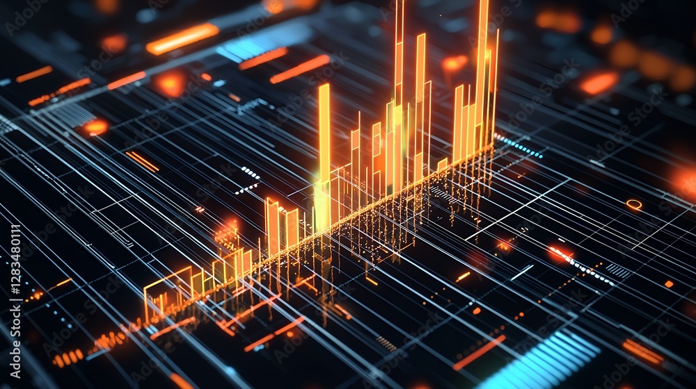 Poster abstract digital network visualization with glowing orange data streams background