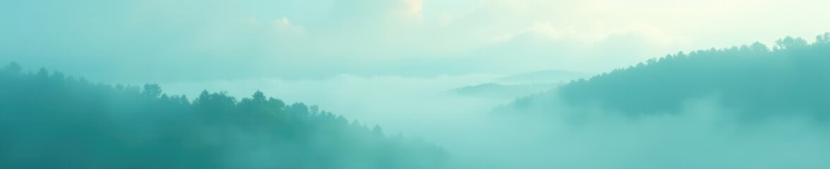 Soft teal mist envelops a serene landscape, with gentle clouds drifting across the sky, foggy, mist