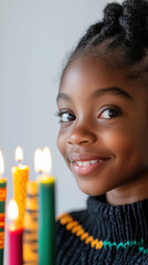 Celebratory moment of a young girl lighting candles for festive tradition
