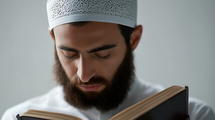 Contemplative moment of a man in traditional wear holding a book for reflection and study