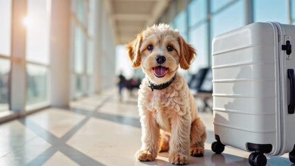 Happy poodle sitting near white siutcase in airport terminal background. Vacation with pets. Concept of travel and life with animal. Pet friendly hotels, rent apartment, airport and plane