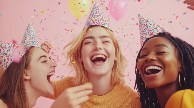 Joyful celebration with friends in party hats and colorful confetti