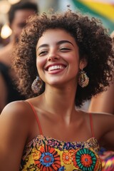 Smiling young woman at outdoor festival enjoying vibrant atmosphere with friends, celebrating culture, joy, and togetherness during summer event.