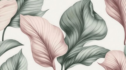 Plant drawing illustration - soft pastel large leaves in pink and green, against an off-white background