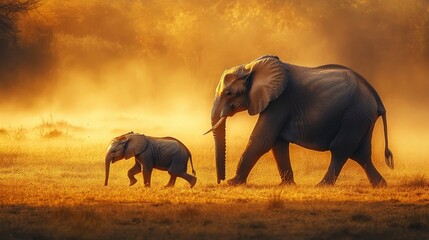 Fototapeta premium A baby elephant walking alongside its mother in the African savannah, warm sunset glow