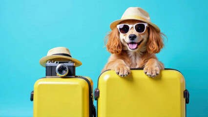 Happy dog in straw hat and sunglasses sitting near yellow siutcase on blue background. Vacation with pets. Concept of travel and life with animal. Pet friendly hotels, rent apartment