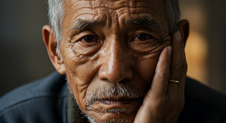 Close-up Portrait of Senior Asian Man Expressing Sadness and Concern