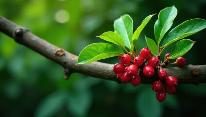 Obraz premium Exotic tropical leaf clusters on wooden branch, outdoor, foliage, wood