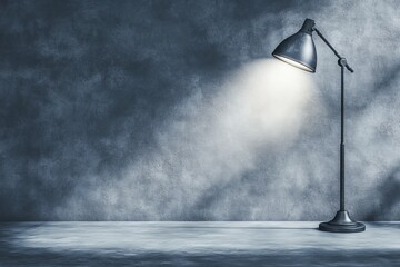 A modern gray wall with integrated lighting and a floor lamp provides a stylish neutral backdrop for presentations