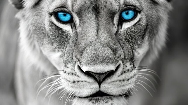 Lion in black and white with blue eyes, close-up portrait, dramatic side lighting
