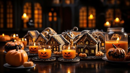 Fototapeta premium Spooky Halloween Display with Gingerbread Houses and Jack O Lantern Candles Festive Ambience