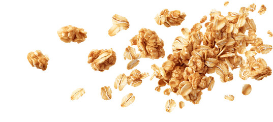 Oat granola, falling crunchy muesli isolated