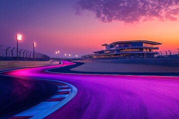 Twilight racing circuit illuminated by vibrant lights at a motorsport venue in an exciting atmosphere