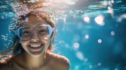 Fototapeta premium Smiling young woman with swimming goggles underwater enjoying summer vacation and swimming in crystal clear pool, lifestyle, happiness, water activities.