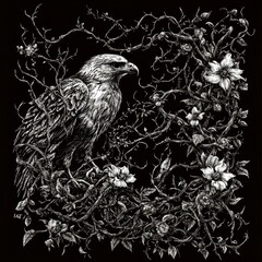 Detailed Illustration of an Eagle Perched Amidst Thorny Vines and Blossoming Flowers Black Background