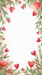 Valentines Day watercolor plants hearts ornament. Heart frame border