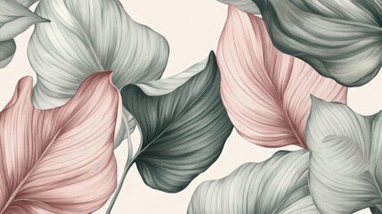 Plant drawing illustration - soft pastel large leaves in pink and green, against an off-white background
