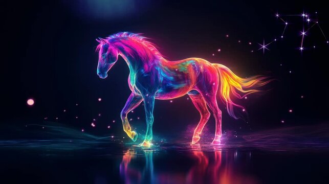 a colorful horse on a very beautiful black background. seamless looping time-lapse virtual 4k video Animation Background.	