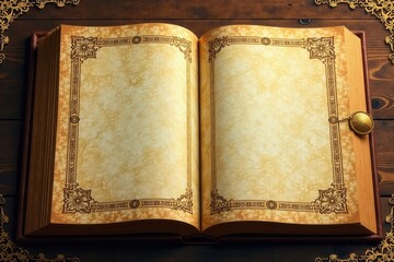 Faded leather-bound book with yellowed pages and intricate golden filigree background, bookshelf, paper, vintage