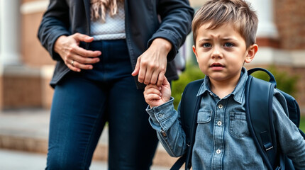 Obraz premium first day at school, mother leads a little child school boy in first grade