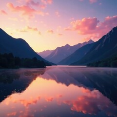 Sunset over misty lake with surrounding mountains, mountains, landscape