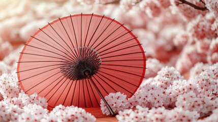 Pink Japanese umbrella in cherry blossom garden