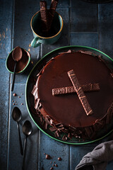 Homemade chocolate cake made of chocolate and cookies.