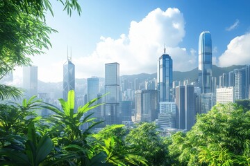 View of modern skyscrapers surrounded by lush greenery in a vibrant cityscape