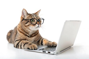 Cat Working at a Computer on White Background