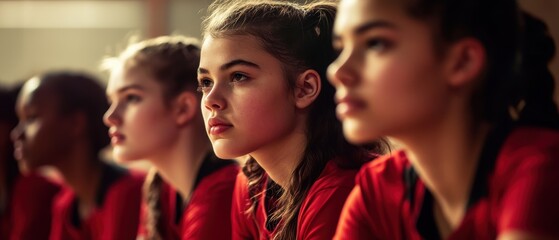 Fototapeta premium Team of young female athletes focused and determined during a sports training session in gymnasium, showcasing teamwork, dedication, and competitive spirit.