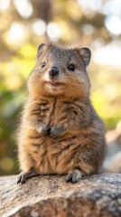 A fluffy baby quokka sitting on a rock, its round face and adorable smile radiating happiness