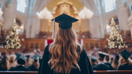 Graduation ceremony: A graduate's proud moment in academic regalia, celebrated with light and crowd