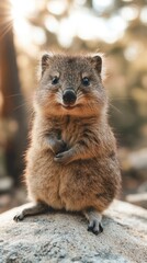 Naklejka premium A fluffy baby quokka sitting on a rock, its round face and adorable smile radiating happiness