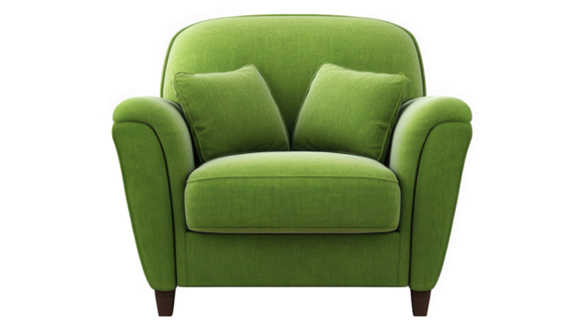 stylish. modern green armchair with two plush cushions. designed for comfort and aesthetic appeal this piece of furniture is suitable for various interior settings. adding a vibrant touch to living sp