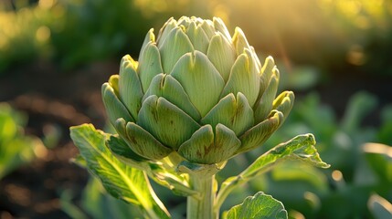 Fototapeta premium Artichoke plant at sunset, garden background, farm